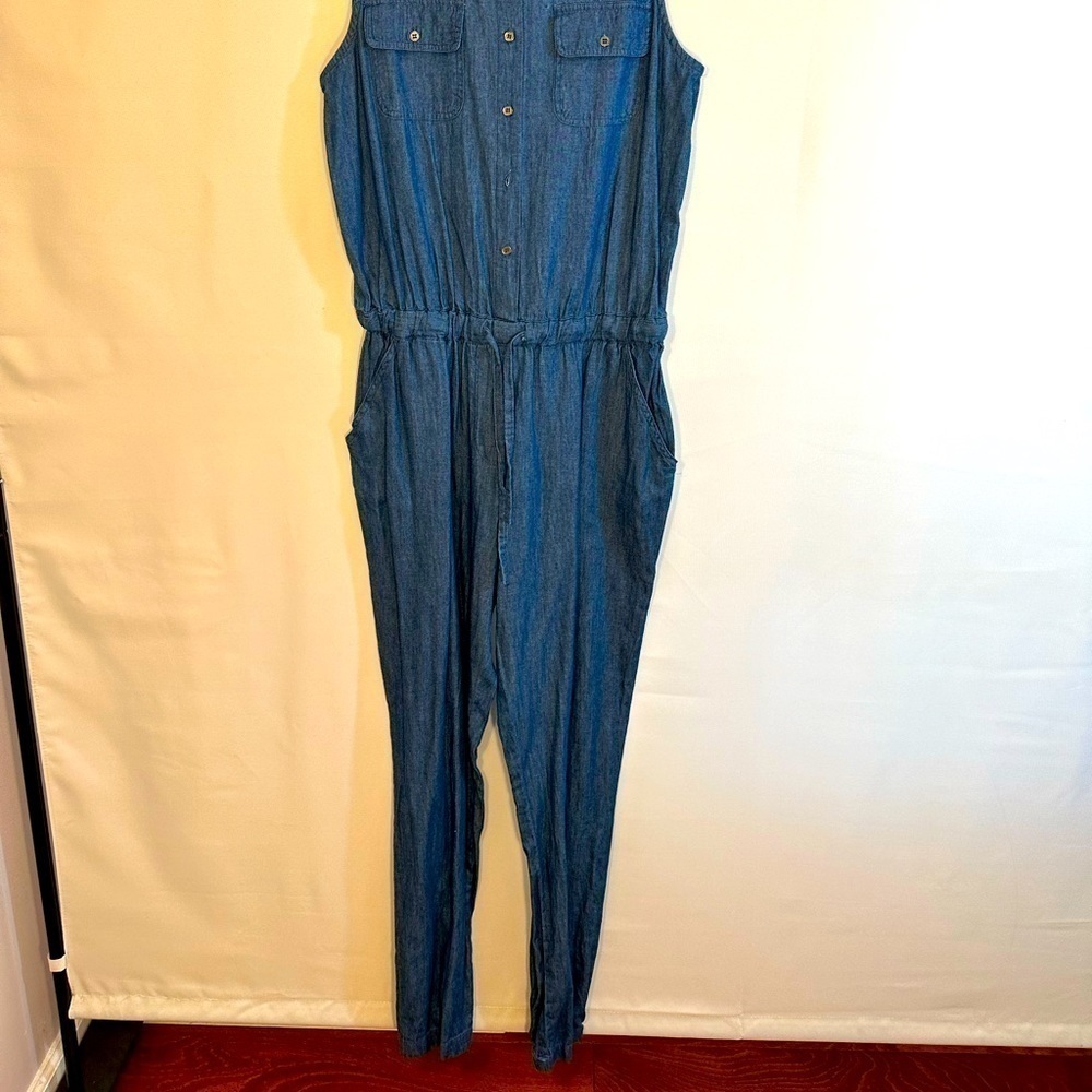 Derek Heart Jumper Jumpsuit Romper Sz M Sleeveless Blue Chambray Denim Collared - Picture 12 of 12